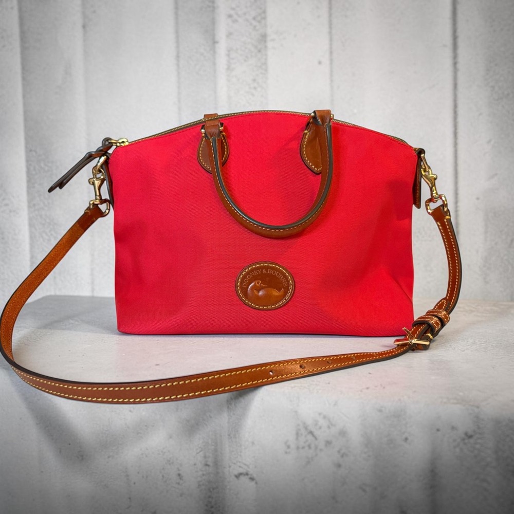 Dooney & Bourke Red Nylon Satchel Tan Leather Trim Crossbody Bag